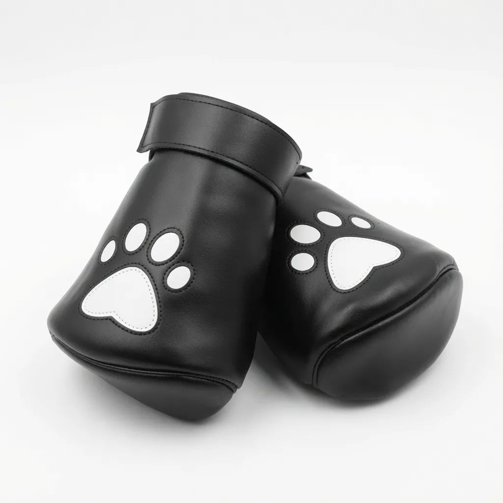 image de présentation des puppy paws du kinkypupshop, on y voit les mitaines posé l'une sur l'autre, elle sont noir et en cuir, c'est un accessoire pour le petplay