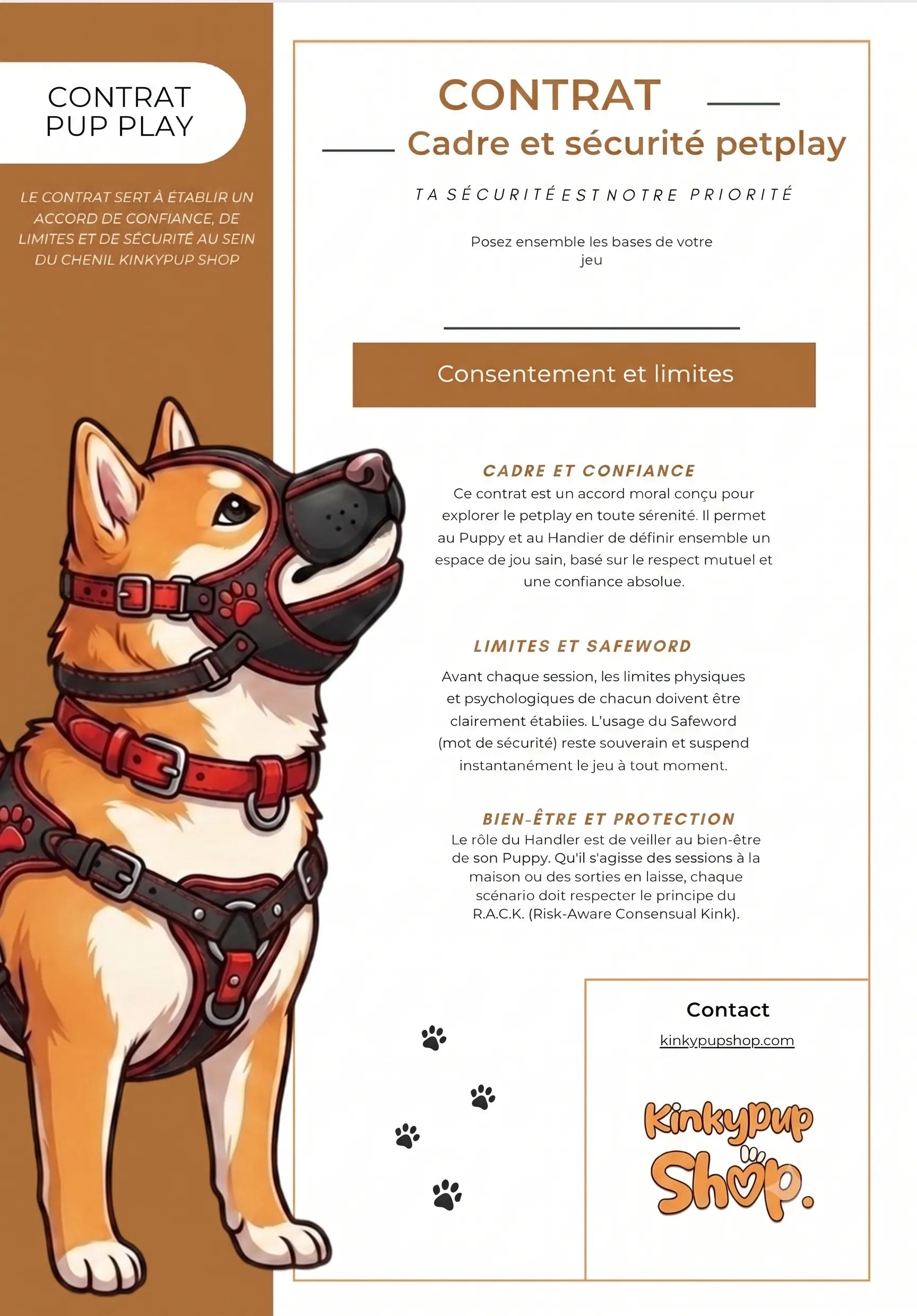 première page du contrat sur le cadre et la sécurité dans le petplay on y voit le logo du kinkypupshop ainsi que le contrat 