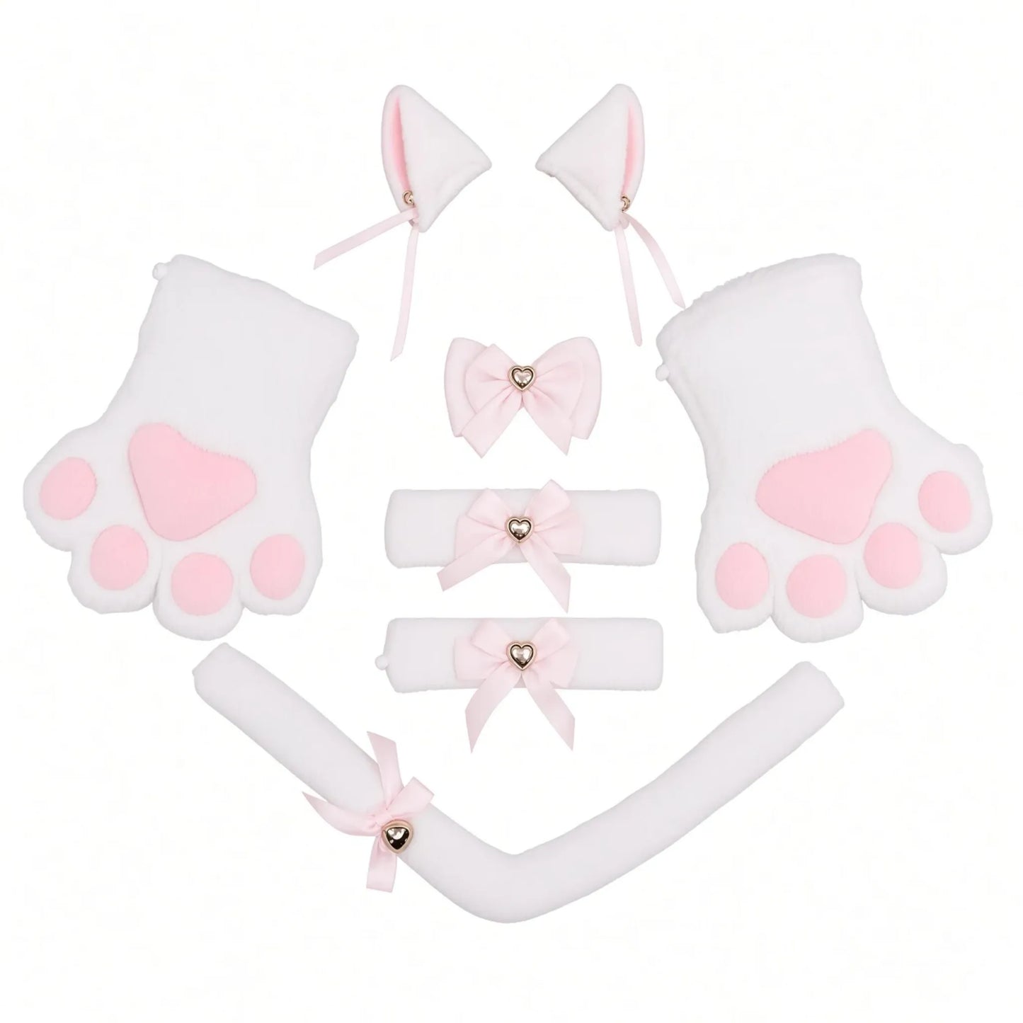 image du set en blanc kitten play qui contient des mitaines, des oreilles, un chocker et une queue de kitten, set pour le petplay