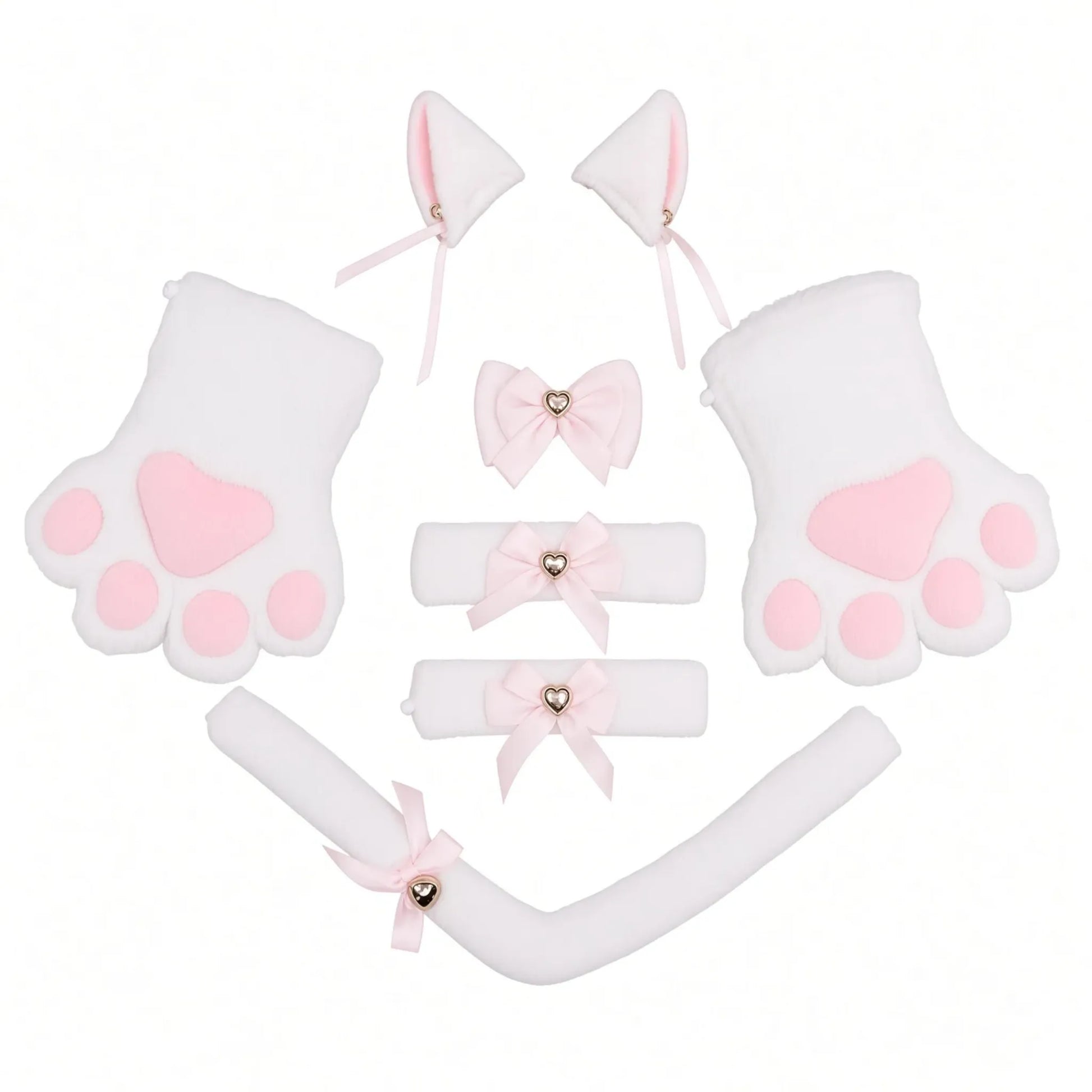 image du set en blanc kitten play qui contient des mitaines, des oreilles, un chocker et une queue de kitten, set pour le petplay