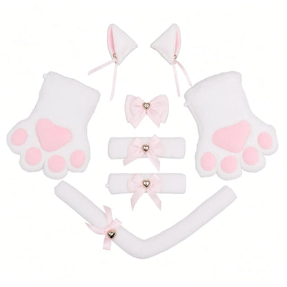 image du set en blanc kitten play qui contient des mitaines, des oreilles, un chocker et une queue de kitten, set pour le petplay