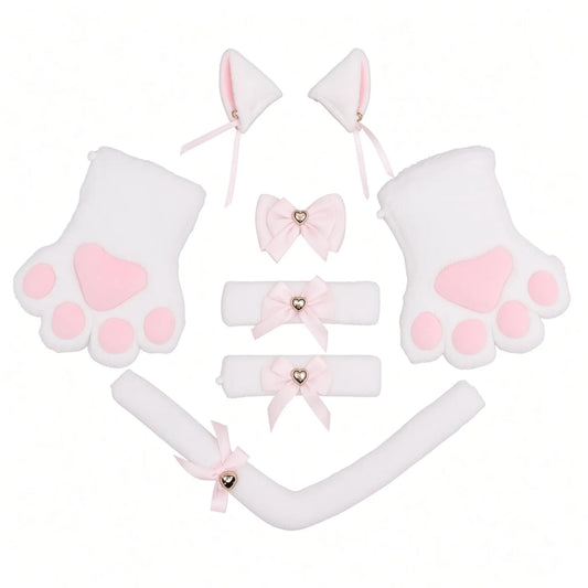 image du set en blanc kitten play qui contient des mitaines, des oreilles, un chocker et une queue de kitten, set pour le petplay