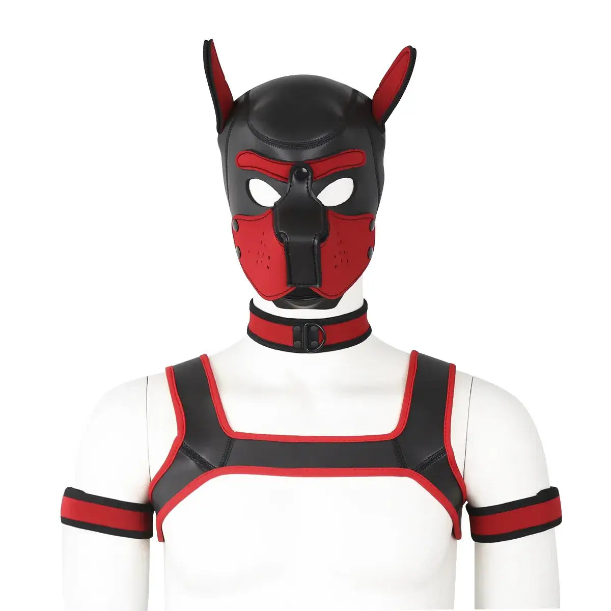 image du set puppy hood, avec un hood, un collier, un harnais et des brassard pour le petplay