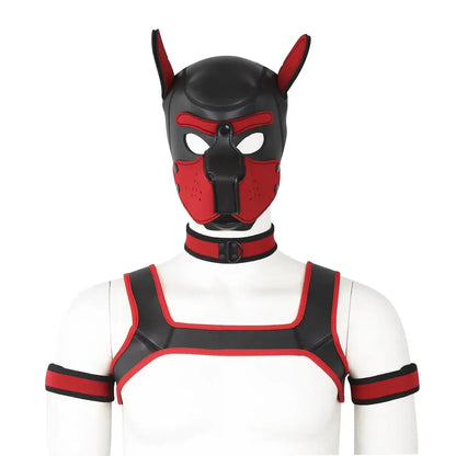image du set puppy hood, avec un hood, un collier, un harnais et des brassard pour le petplay