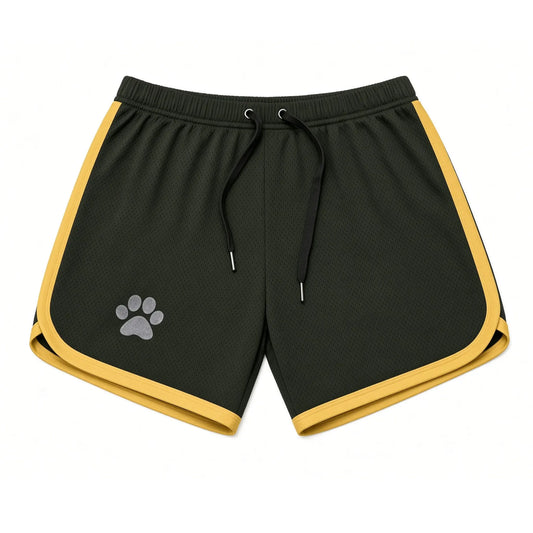 Short de sport puppy play Alpha Shorts jaune avec liserés dorés et sérigraphie patte canine