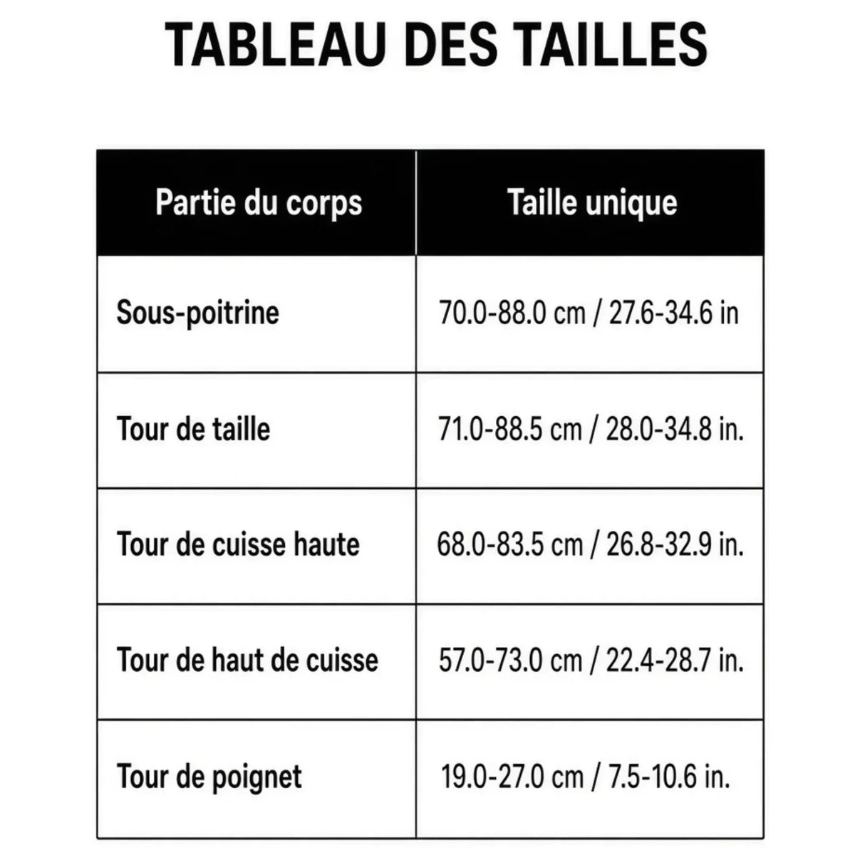 Guide des mensurations et tableau des tailles détaillant les réglages en centimètres du tour de poitrine, de la ceinture abdominale et des sangles de cuisses pour le harnais de soumission intégrale Alpha Restraint.