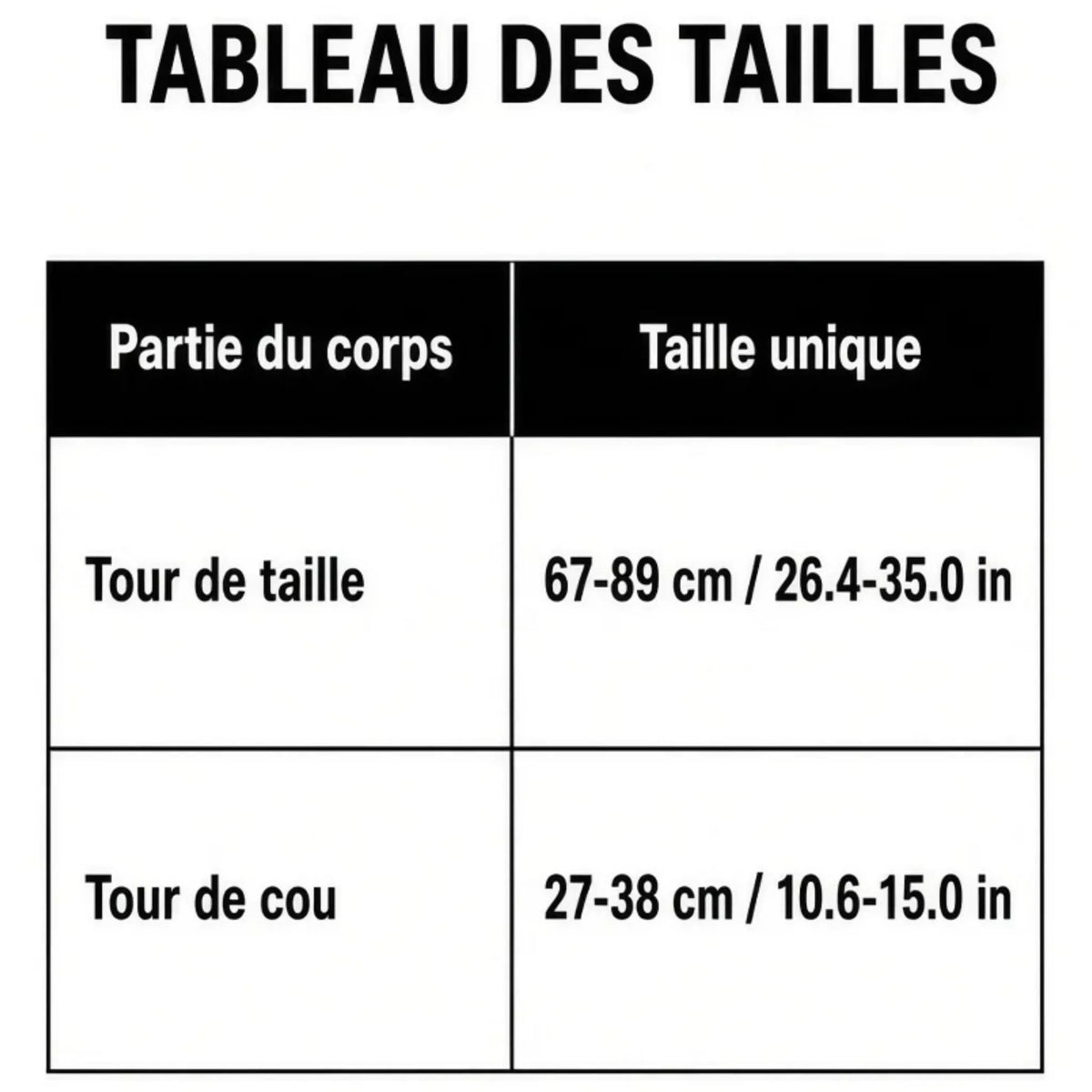 Tableau des tailles en centimètres pour tour de cou et tour sous-poitrine du harnais Alpha Choker.