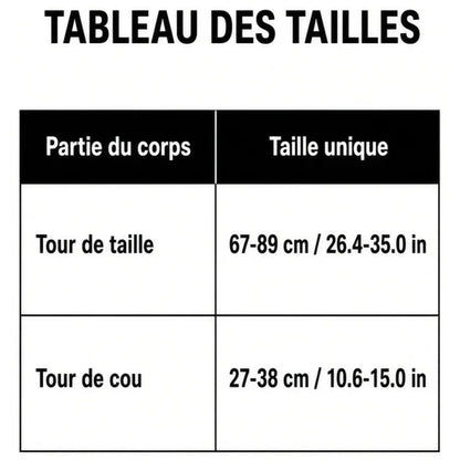 Tableau des tailles en centimètres pour tour de cou et tour sous-poitrine du harnais Alpha Choker.