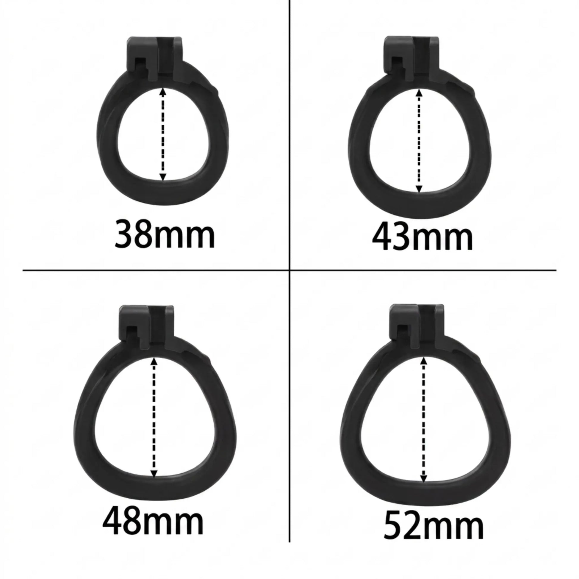 Guide des tailles des 4 anneaux ergonomiques inclus : 38 mm, 43 mm, 48 mm et 52 mm.