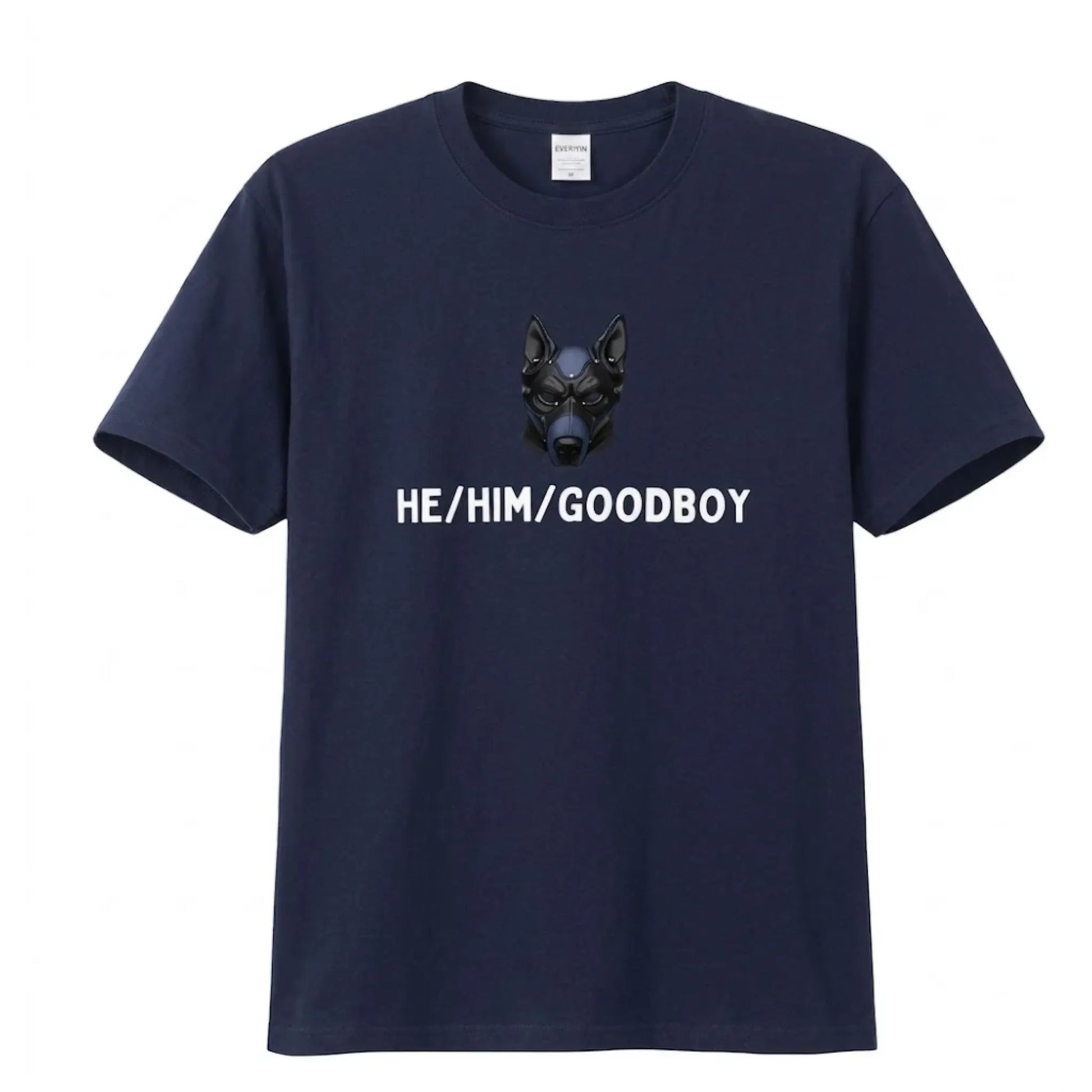 vêtement petplay, tshirt goodboy en bleue marine puppyplay avec un puppy hood dessus