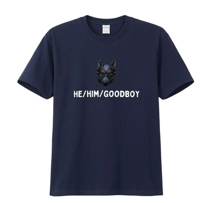 vêtement petplay, tshirt goodboy en bleue marine puppyplay avec un puppy hood dessus