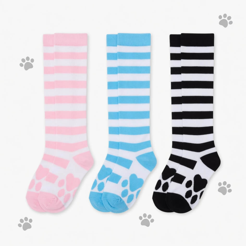 visuel montrant les 3 chaussettes hautes proposé sur le kinkypupshop