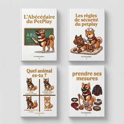 visuel du pack d'ebook sur le petplay on y retrouve 4 ebooks, l'abécédaire du petplay, les règles de securité du petplay, quel pet est tu et prendre ses mesures en petplay