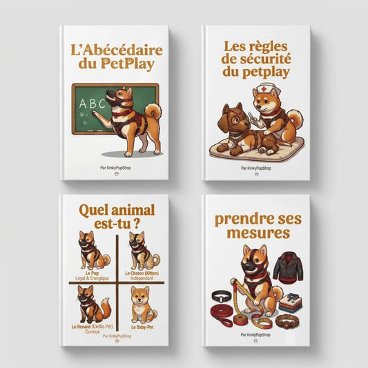 visuel du pack d'ebook sur le petplay on y retrouve 4 ebooks, l'abécédaire du petplay, les règles de securité du petplay, quel pet est tu et prendre ses mesures en petplay